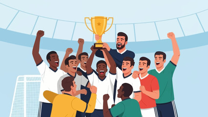 Diverse Male Soccer Team Celebrating Championship Victory with Golden Trophy in Stadium Illustration