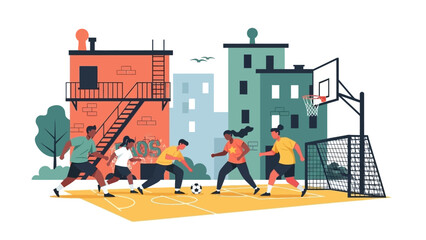 Diverse group of young adults playing an energetic soccer match on an urban street court illustration