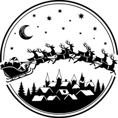 Vector Christmas black and white illustration with Santa Claus riding his sleigh pulled by reindeers.
