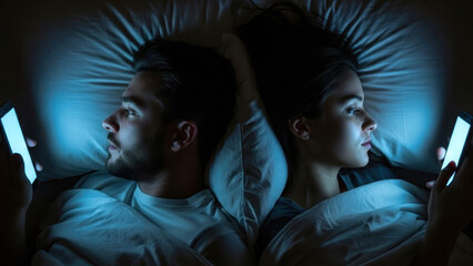Couple Using Smartphones in Bed at Night Back to Back