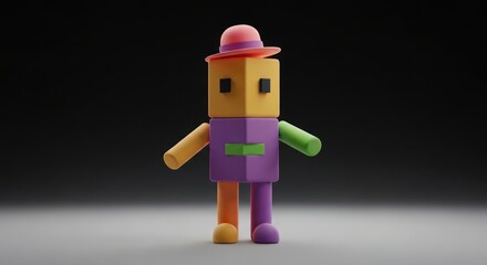 Colorful, blocky figure wearing a hat, standing with a blurred background