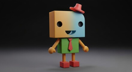 A cheerful, geometric character with hat, tie, and blocky limbs