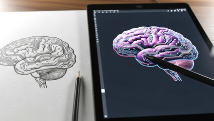 Brain Pencil Sketch Beside Digital Tablet with 3D Human Brain