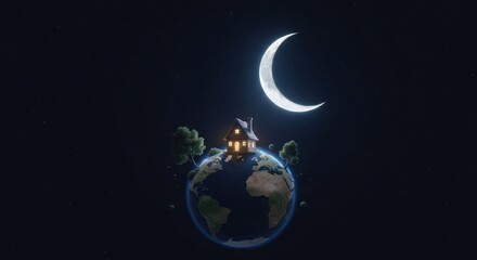 Earth home under a crescent moon, night sky with stars