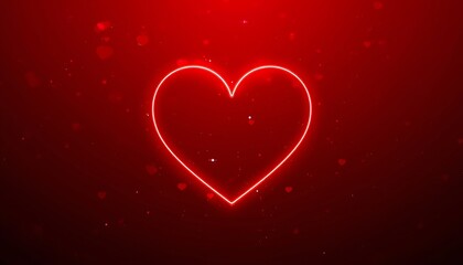 A single, bright red glowing heart outline shines against a deep red bokeh background.
