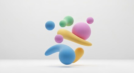 Colorful abstract 3D shapes floating against a plain white background