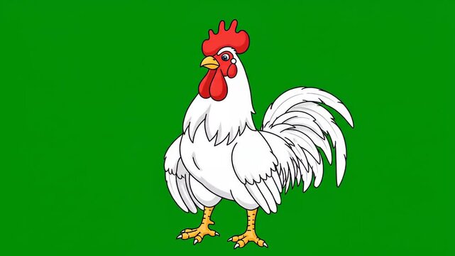 A cartoon rooster standing proudly while crowing loudly on a green grassy field