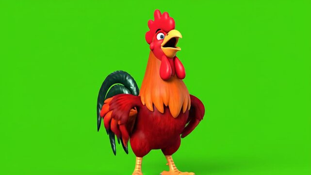 Vibrant cartoon rooster standing proudly while crowing loudly against a bright green background