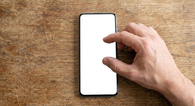 Overhead view of hand pinching to zoom on smartphone screen