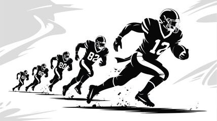 Fototapeta premium A sequence of five strong American football players running powerfully in a black and white design