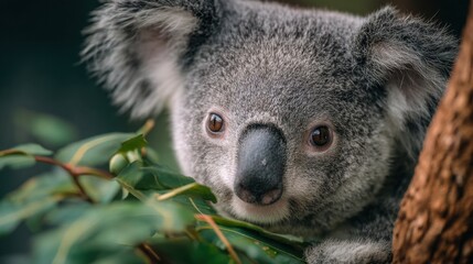 Fototapeta premium A koala sits on a tree branch surrounded by green leaves looking curiously at its surroundings. The sunlight filters through the trees creating a lively atmosphere.