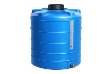 Blue plastic water tank storing liquid, polypropylene cistern container for water supply and irrigation system, transparent background