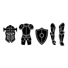 Black silhouettes of medieval knight armor pieces including helmet, chest plate, shield, and leg guards on a white background.
