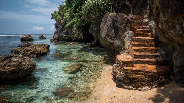 A beautiful beach with a small staircase leading up to a cliff. The water is crystal clear and the rocks are scattered around the beach. The scene is peaceful and serene - Powered by Adobe