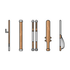 Vector illustration of various martial arts weapons and training tools including sai, staff, nunchaku, bat, and tonfa.
