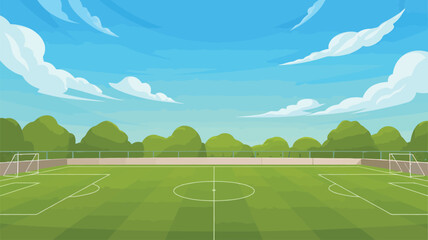A vast cartoon soccer field with white goalposts, green grass, crisp markings, and a beautiful expansive blue sky