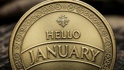 Close up of a decorative golden metallic coin or medal with Hello January embossed text.