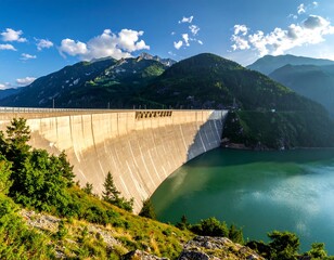 A large concrete dam curves across a valley, holding back teal water. Mountains and lush greenery surround the reservoir under a bright blue sky