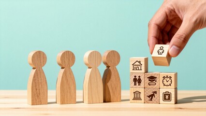 Wooden figures and blocks with icons