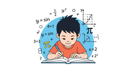 Young boy diligently studying mathematics, writing in a notebook surrounded by formulas, graphs, and the pi symbol illustration.