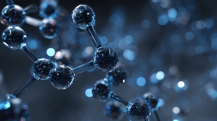 Abstract blue molecular structure with transparent geometric spheres and bokeh background