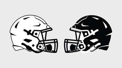 Black and white football helmets depicted side by side on a plain light gray surface