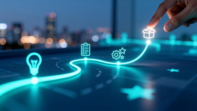 Hand guiding glowing path with icons - Powered by Adobe