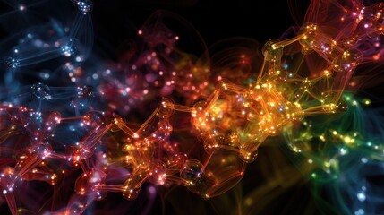 Vibrant glowing molecular structure or neural network with multicolored light effects on a dark background
