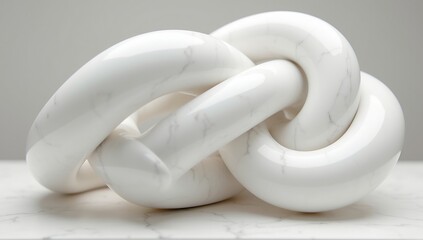 Polished white marble sculpture of intertwined tubular knot shapes on a matching marble surface with a grey background