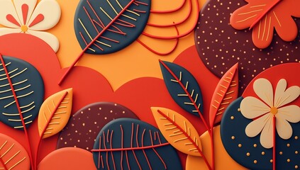 Textured 3D art of abstract botanical forms with leaves flowers and polka dot patterns