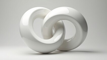 Two glossy white interconnected toroidal objects against a plain light background casting soft shadows