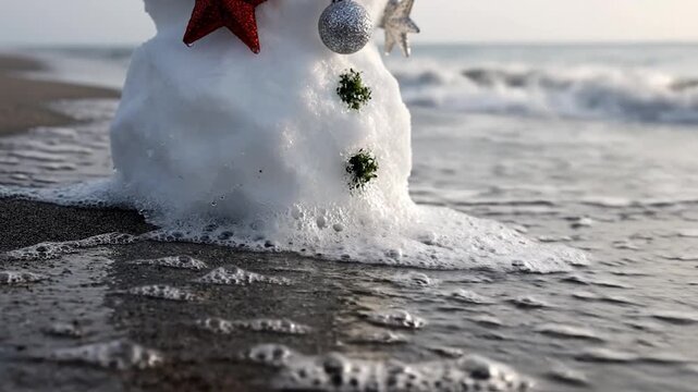 Melting Snowman on the Beach - A Symbol of Climate Change and Holiday Paradox.