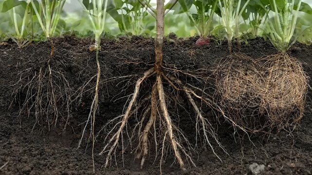 This compelling cross-section view reveals the intricate underground world of various plant root systems thriving in rich, dark soil. Three distinct plant types are showcased, demonstrating different 