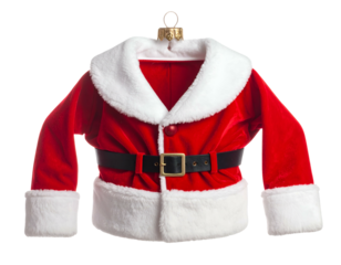 Red Santa jacket with white trim and belt, ready for holidays
