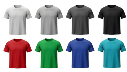 Eight different colored, short sleeved t shirts neatly arranged against a bright white backdrop for clothing design mockups