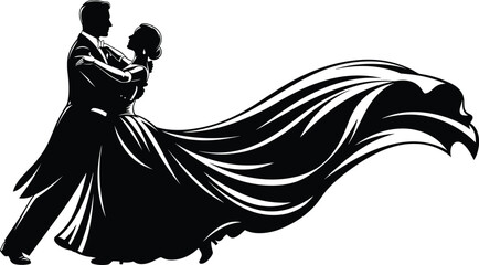 Fototapeta premium Dancing couple silhouette vector, elegant ballroom pose, flowing gown motion, romantic black illustration, graceful dance design, isolated on white background