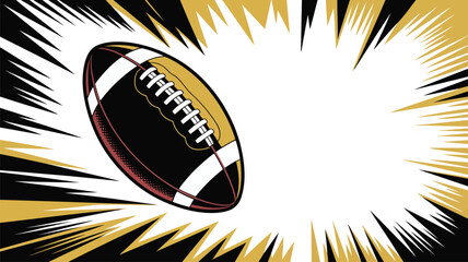 Energetic illustration of an American football flying against a dynamic comic book starburst background