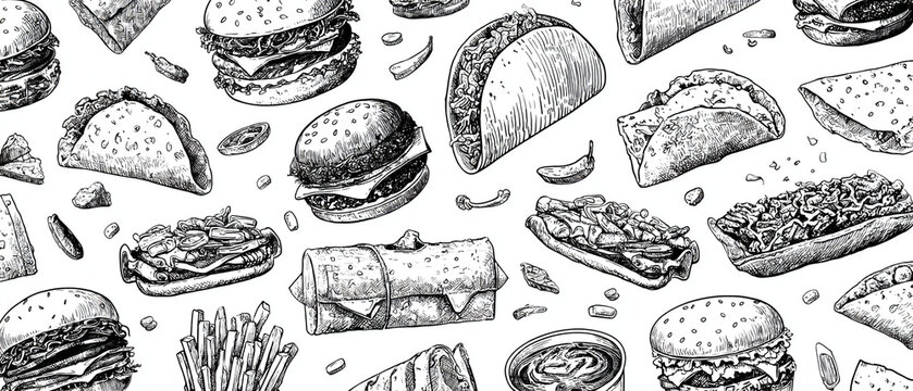 Black and white hand drawn sketch pattern of various fast food and street food items