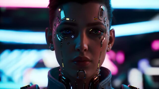 Cyborg Gaze Staring Ahead in a Cyberpunk City