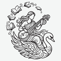 Saraswati goddess on swan playing veena with flying books hindu hinduism