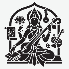 Saraswati goddess playing veena with books and musical notes hindu hinduism