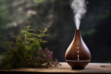 Wooden aroma diffuser releasing scented vapor with natural plants on a rustic table