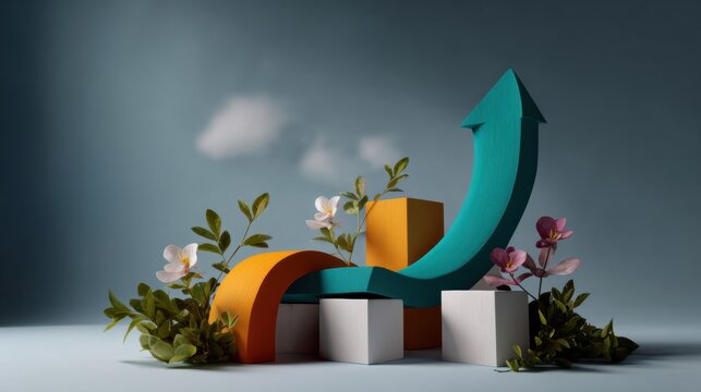 Upward curved arrow and blocks with floral accents on minimalist pedestal, symbolic growth and organic progress in soft studio lighting