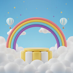 3d kids podium with sky clouds and rainbow, floating hot air balloons twinkle stars. Cartoon vector background in cute childish toy style with round stage or pedestal under blue cloudy sky, Whimsical 