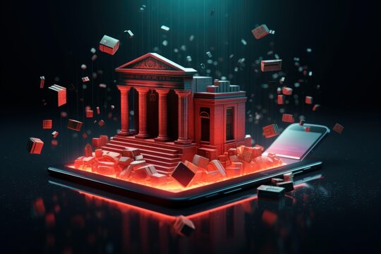 Old bank building transforming into digital financial services on a mobile phone screen - Powered by Adobe
