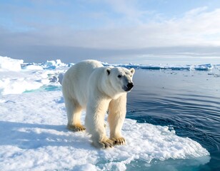 A large, white bear stands on a sheet of ice, with the blue ocean and more icebergs in the background. The sky is bright