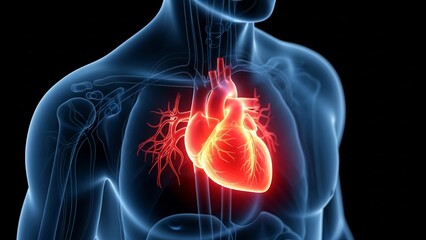 3D rendering of a human torso with a glowing red heart highlighted within a translucent blue body.