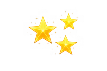 Three shiny gold stars icon with sparkling details, symbolizing quality rating, customer review, success, and achievement