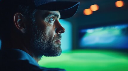 Profile view of a man with a cap, indoors, gazing intently at a golf course on a screen