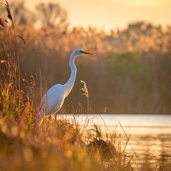 A large, white bird with a long neck and beak stands at the edge of a golden lake, bathed in warm sunlight. Reeds surround
